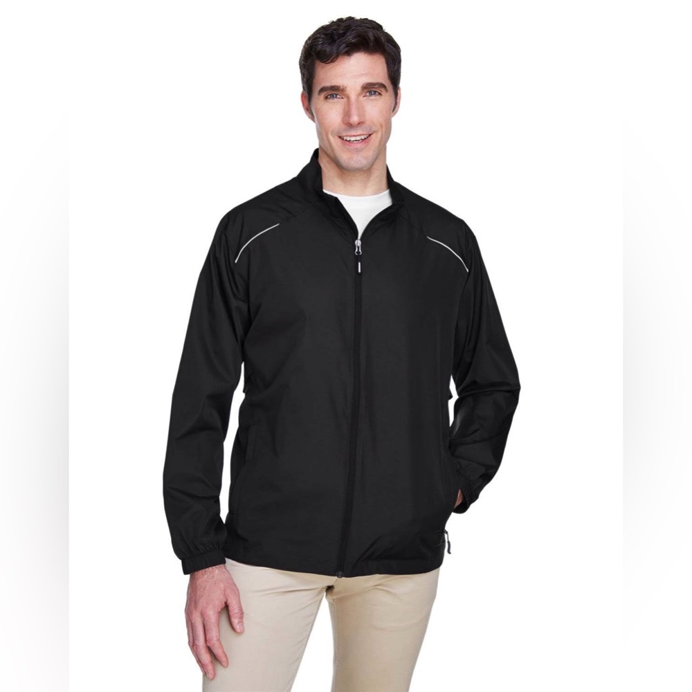 Water Resistant Windbreaker with Reflective Piping and Stand-Up Collar-Black